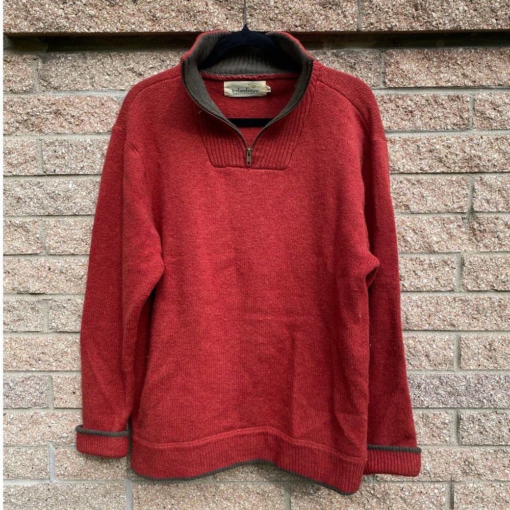 IrelandsEye 100% Wool Quarter Zip Sweater Red Made Ireland Heritage Academia 90s - Picture 2 of 5